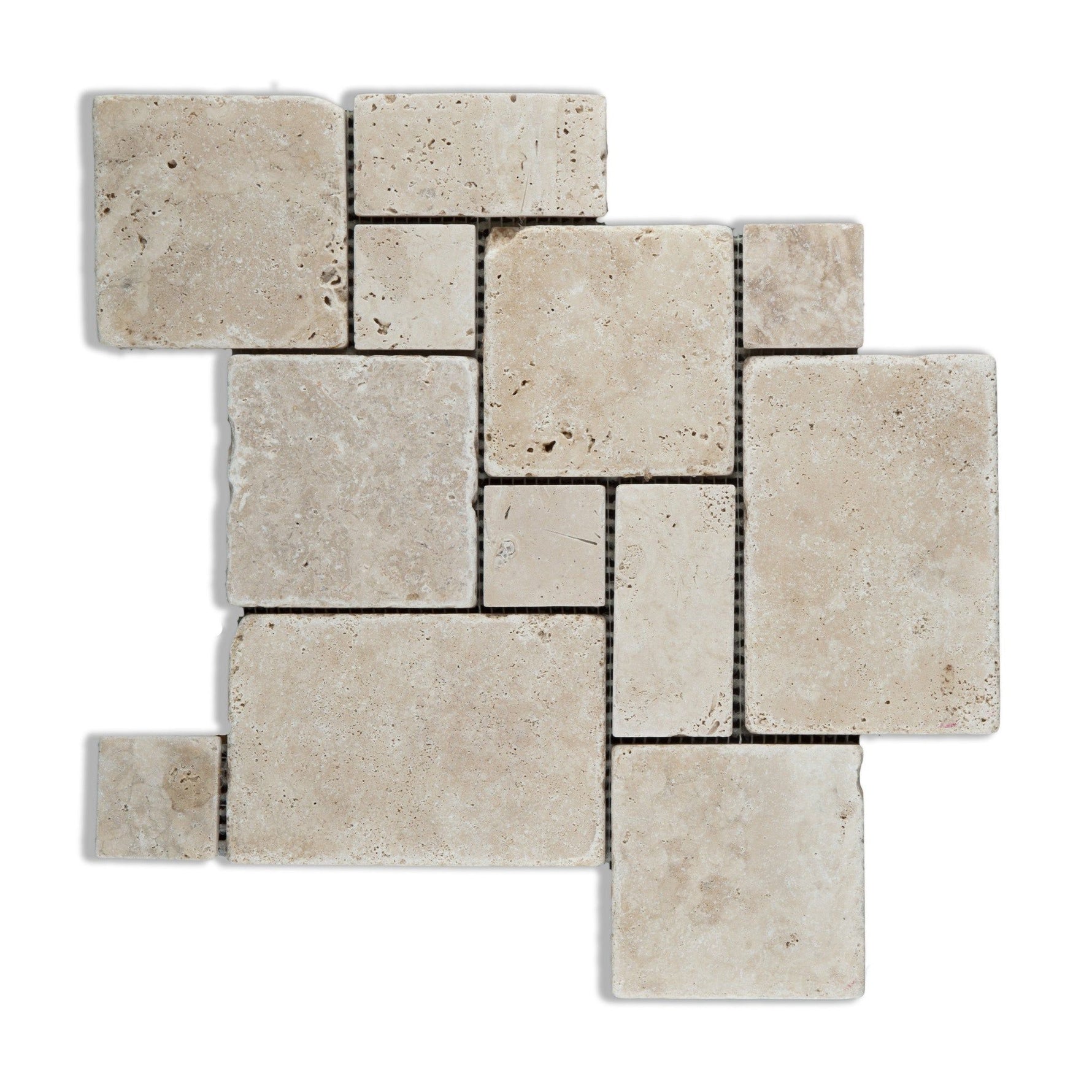 Ivory Travertine 4-Pieced OPUS Mini-Pattern Tumbled Mosaic Tile-Travertine Mosaic-American Tile Depot