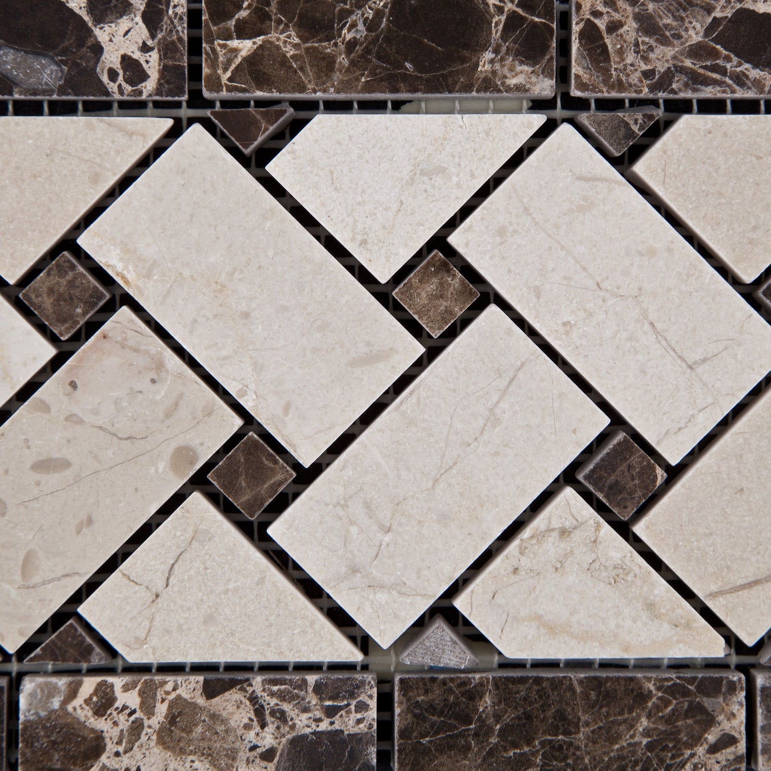 Crema Marfil Marble Polished Basketweave Border Listello w/ Emperador Dark Dots