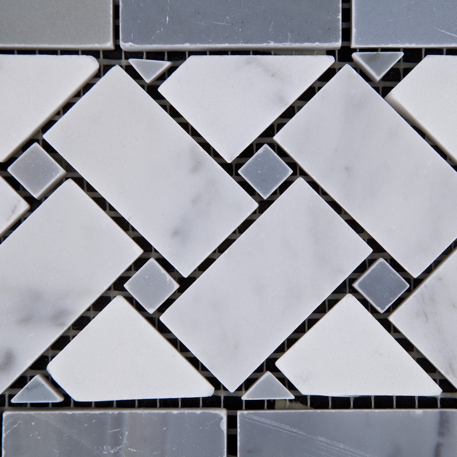 Carrara White Marble Honed Basketweave Border Listello w/ Blue-Gray Dots