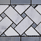 Carrara White Marble Honed Basketweave Border Listello w/ Blue-Gray Dots