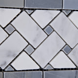 Carrara White Marble Honed Basketweave Border Listello w/ Blue-Gray Dots