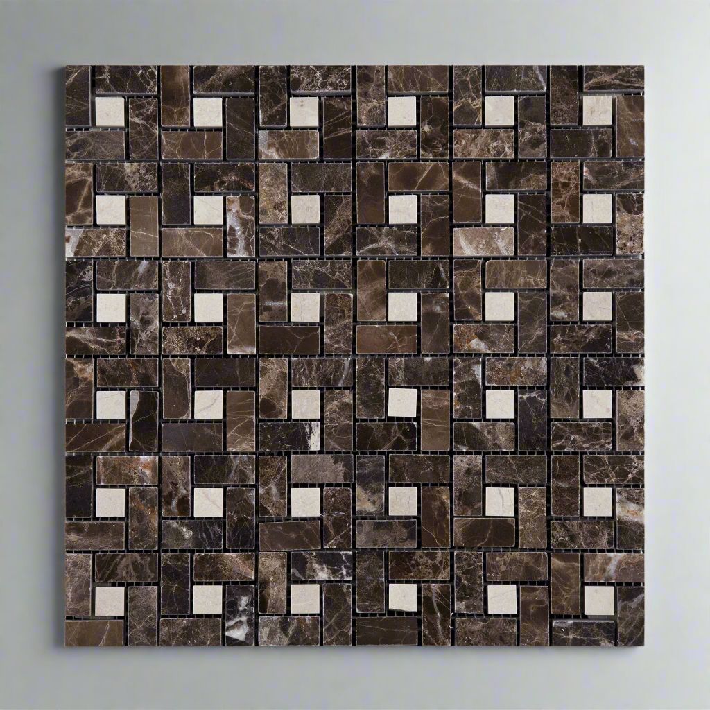 Emperador Dark Marble Polished Pinwheel Mosaic Tile w/ Crema Marfil Dots-Marble Mosaic-American Tile Depot