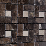 Emperador Dark Marble Polished Pinwheel Mosaic Tile w/ Crema Marfil Dots