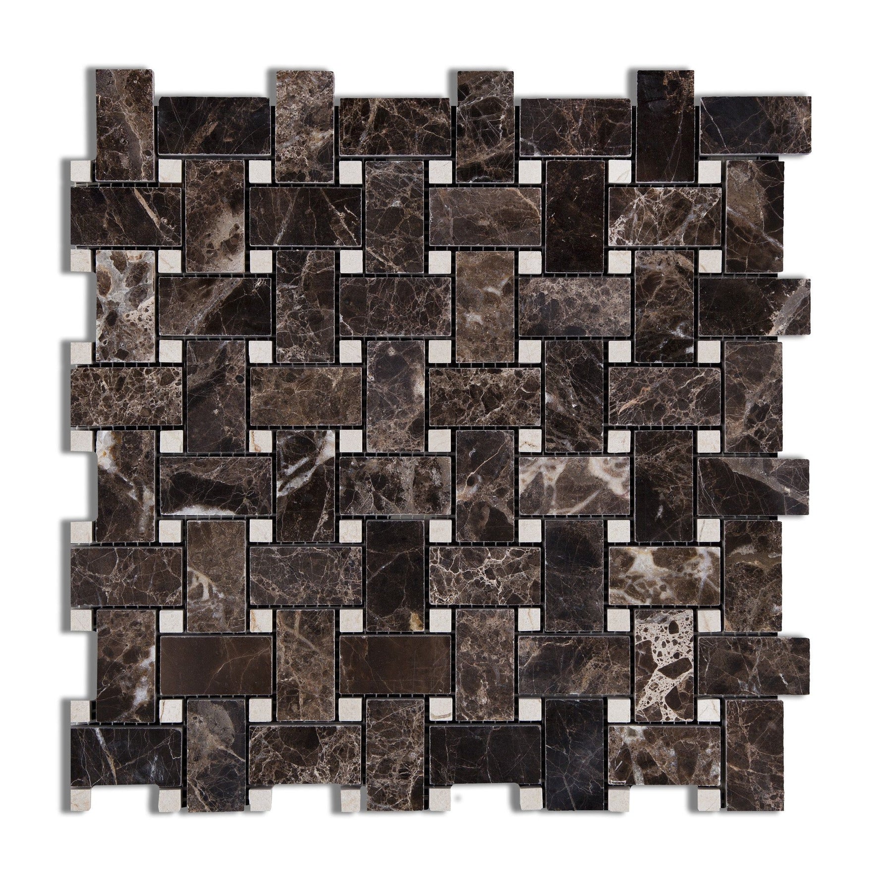 Emperador Dark Marble Polished Basketweave Mosaic Tile w/ Crema Marfil Dots-Marble Mosaic-American Tile Depot