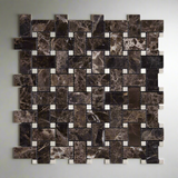 Emperador Dark Marble Polished Basketweave Mosaic Tile w/ Crema Marfil Dots