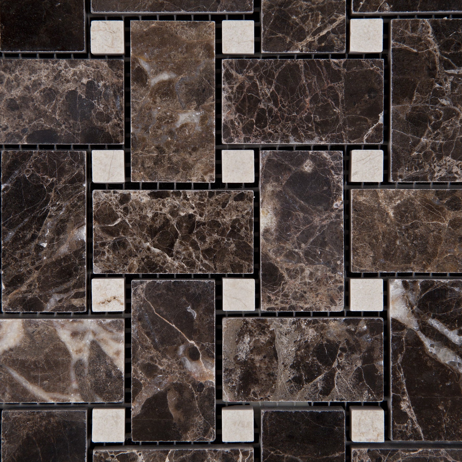 Emperador Dark Marble Polished Basketweave Mosaic Tile w/ Crema Marfil Dots