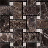 Emperador Dark Marble Polished Basketweave Mosaic Tile w/ Crema Marfil Dots