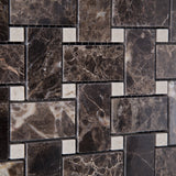 Emperador Dark Marble Polished Basketweave Mosaic Tile w/ Crema Marfil Dots