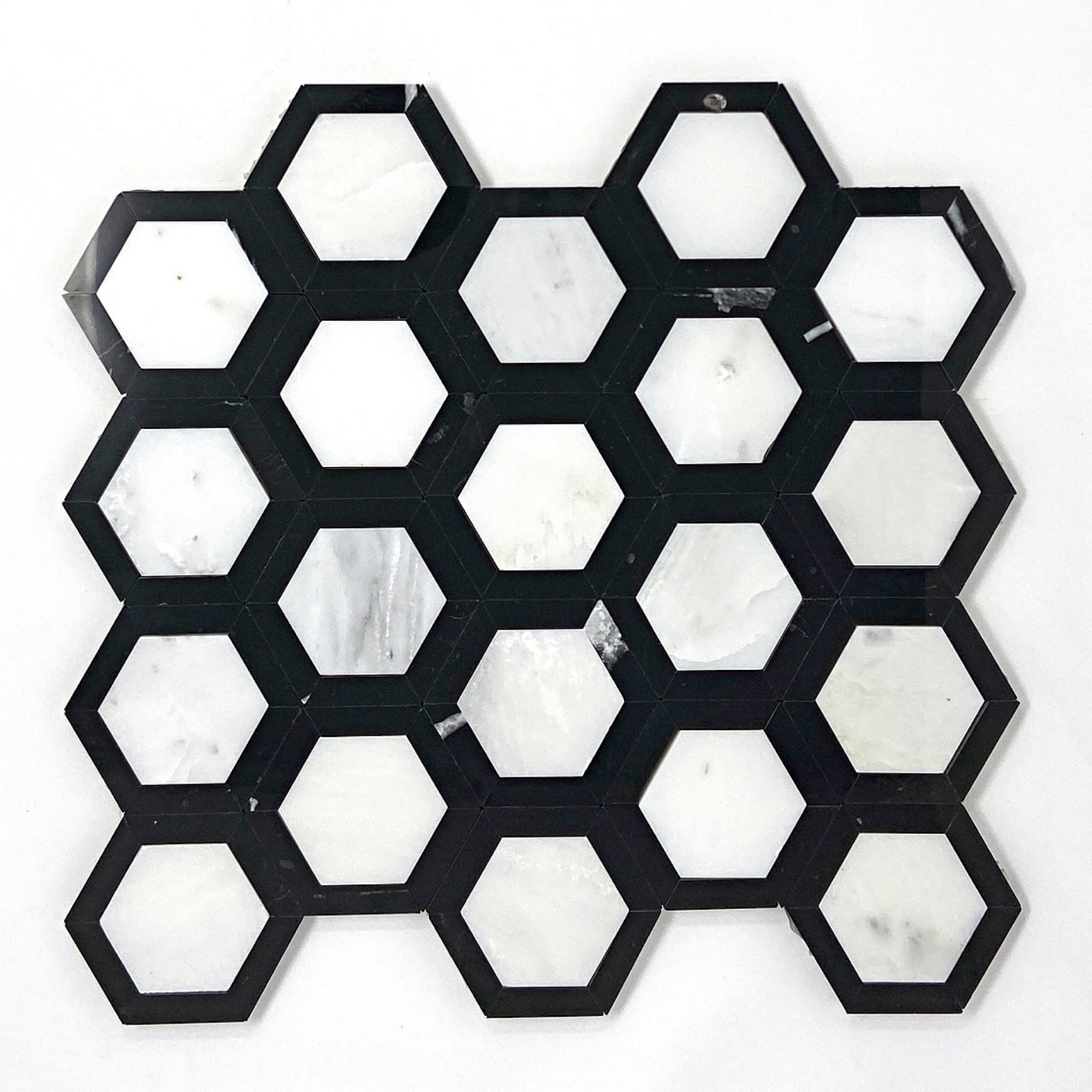 Oriental White / Asian Statuary Marble Honed 2" Vortex Hexagon Mosaic Tile w / Black-Marble Mosaic-American Tile Depot