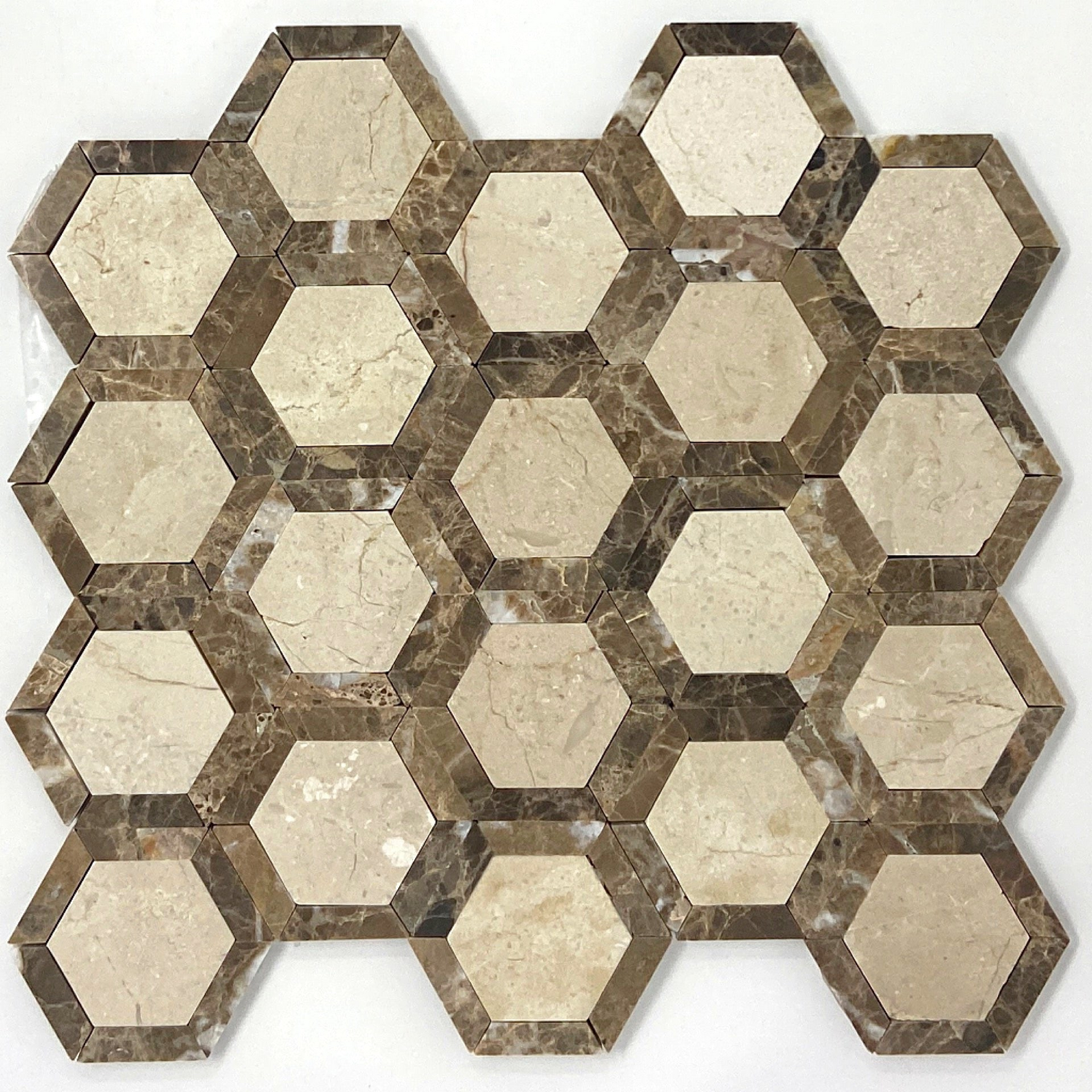 Crema Marfil Marble Polished 2" Vortex Hexagon Mosaic Tile w / Emperador Dark-Marble Mosaic-American Tile Depot