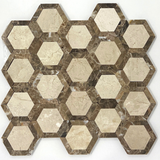 Crema Marfil Marble Polished 2" Vortex Hexagon Mosaic Tile w / Emperador Dark