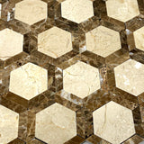 Crema Marfil Marble Polished 2" Vortex Hexagon Mosaic Tile w / Emperador Dark