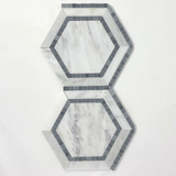 Oriental White / Asian Statuary Marble Honed 5" Hexagon Combination Mosaic Tile w / Blue