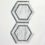 Oriental White / Asian Statuary Marble Honed 5" Hexagon Combination Mosaic Tile w / Blue