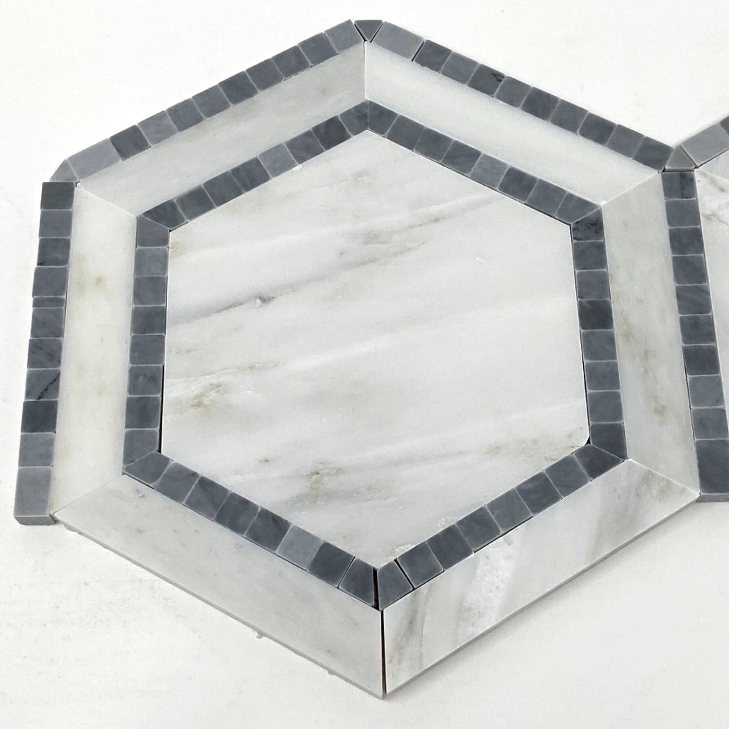 Oriental White / Asian Statuary Marble Polished 5" Hexagon Combination Mosaic Tile w / Blue