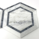 Oriental White / Asian Statuary Marble Honed 5" Hexagon Combination Mosaic Tile w / Blue