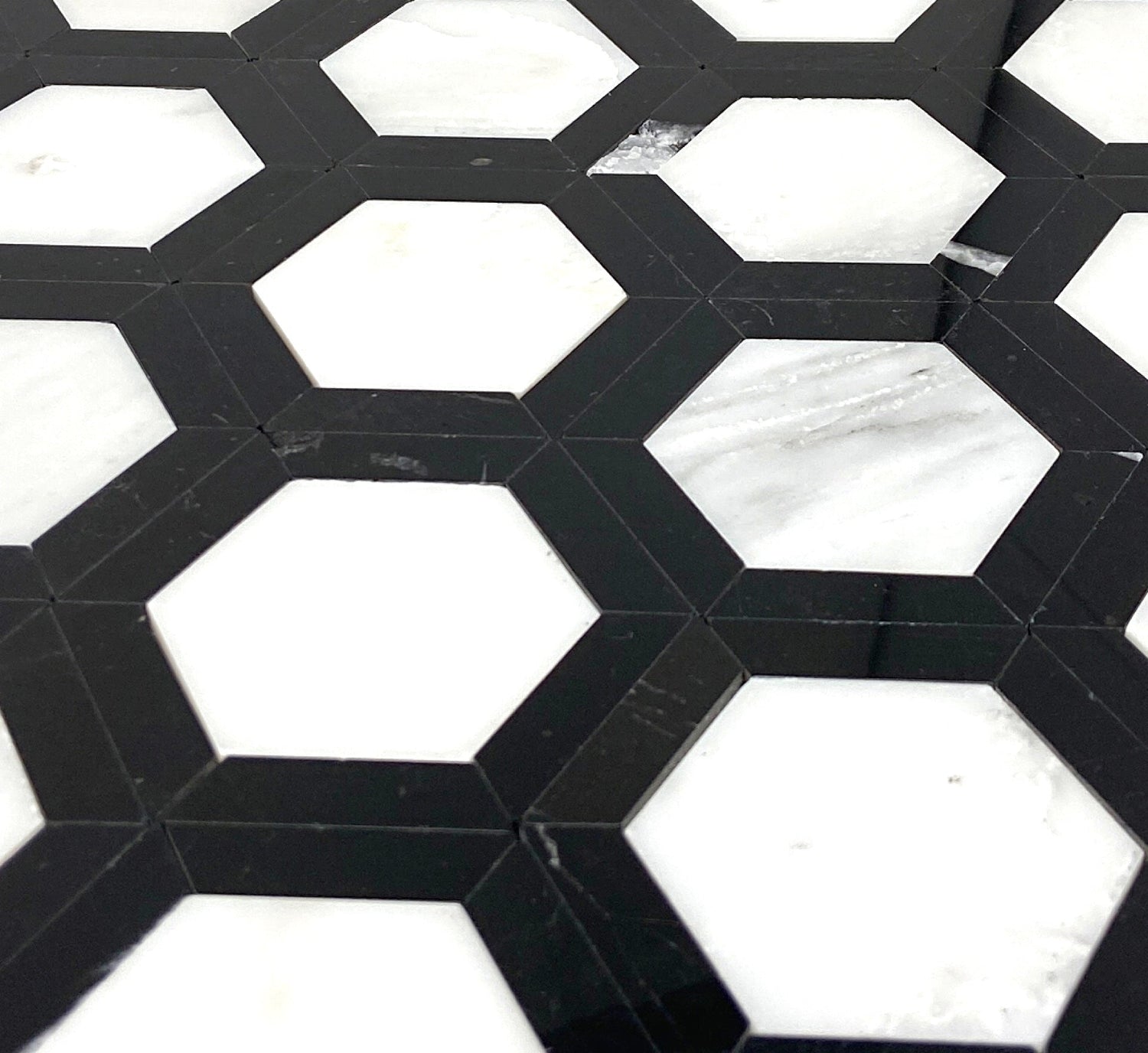 Oriental White / Asian Statuary Marble Polished 2" Vortex Hexagon Mosaic Tile w / Black