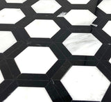 Oriental White / Asian Statuary Marble Honed 2" Vortex Hexagon Mosaic Tile w / Black