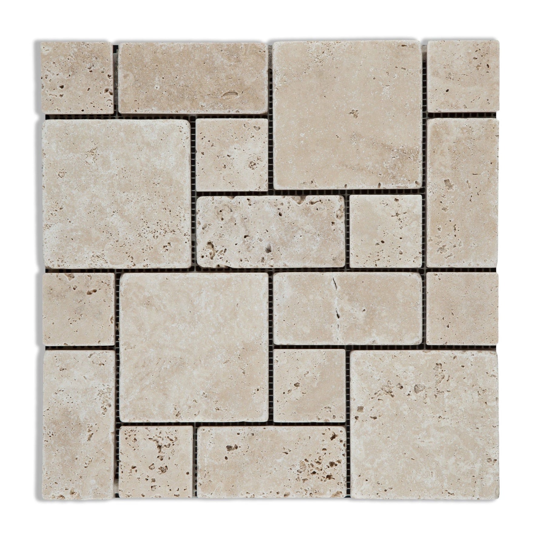 Ivory Travertine 3-Pieced Mini-Pattern Tumbled Mosaic Tile-Travertine Mosaic-American Tile Depot