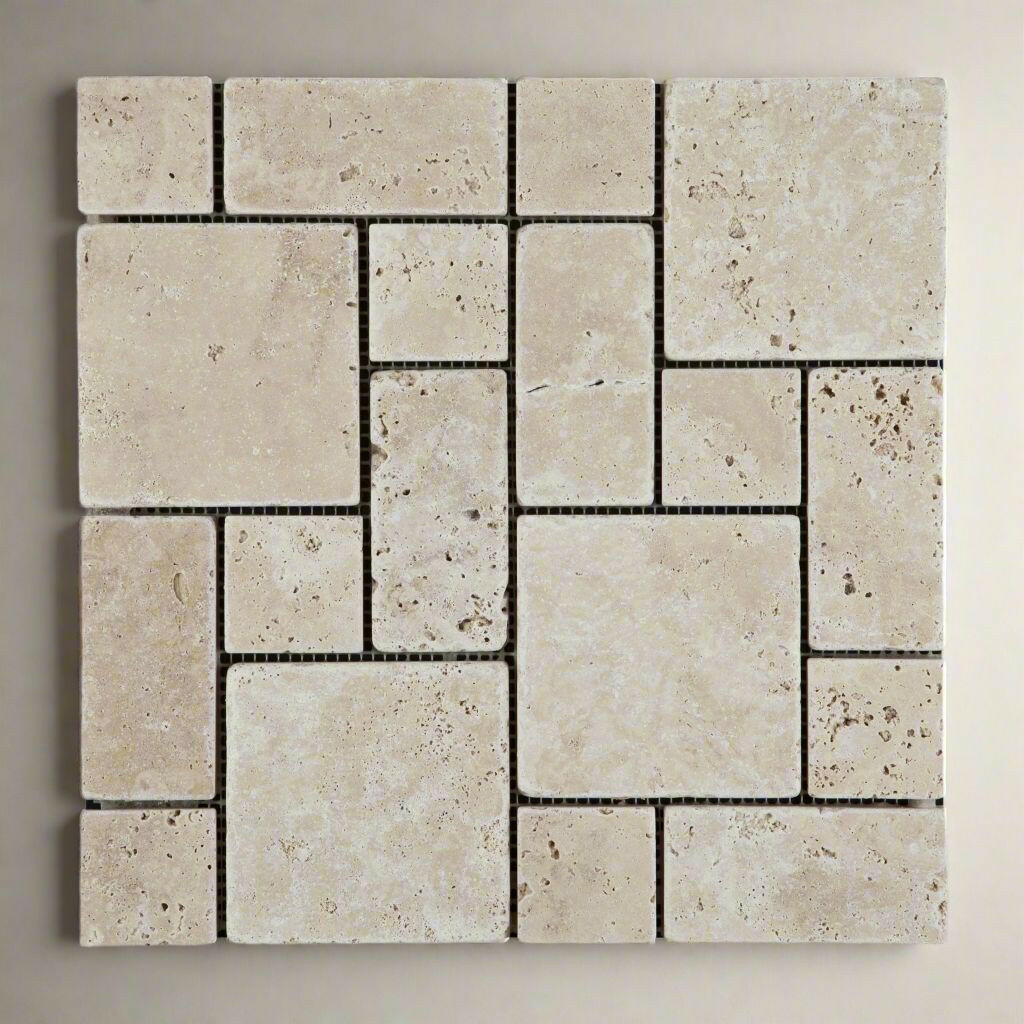 Ivory Travertine 3-Pieced Mini-Pattern Tumbled Mosaic Tile-Travertine Mosaic-American Tile Depot