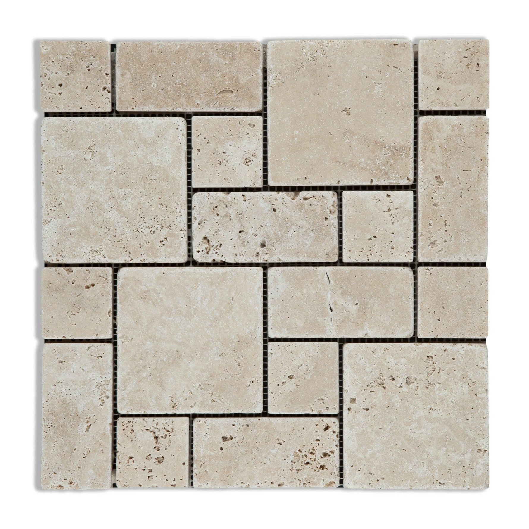 Ivory Travertine 3-Pieced Mini-Pattern Tumbled Mosaic Tile-Travertine Mosaic-American Tile Depot