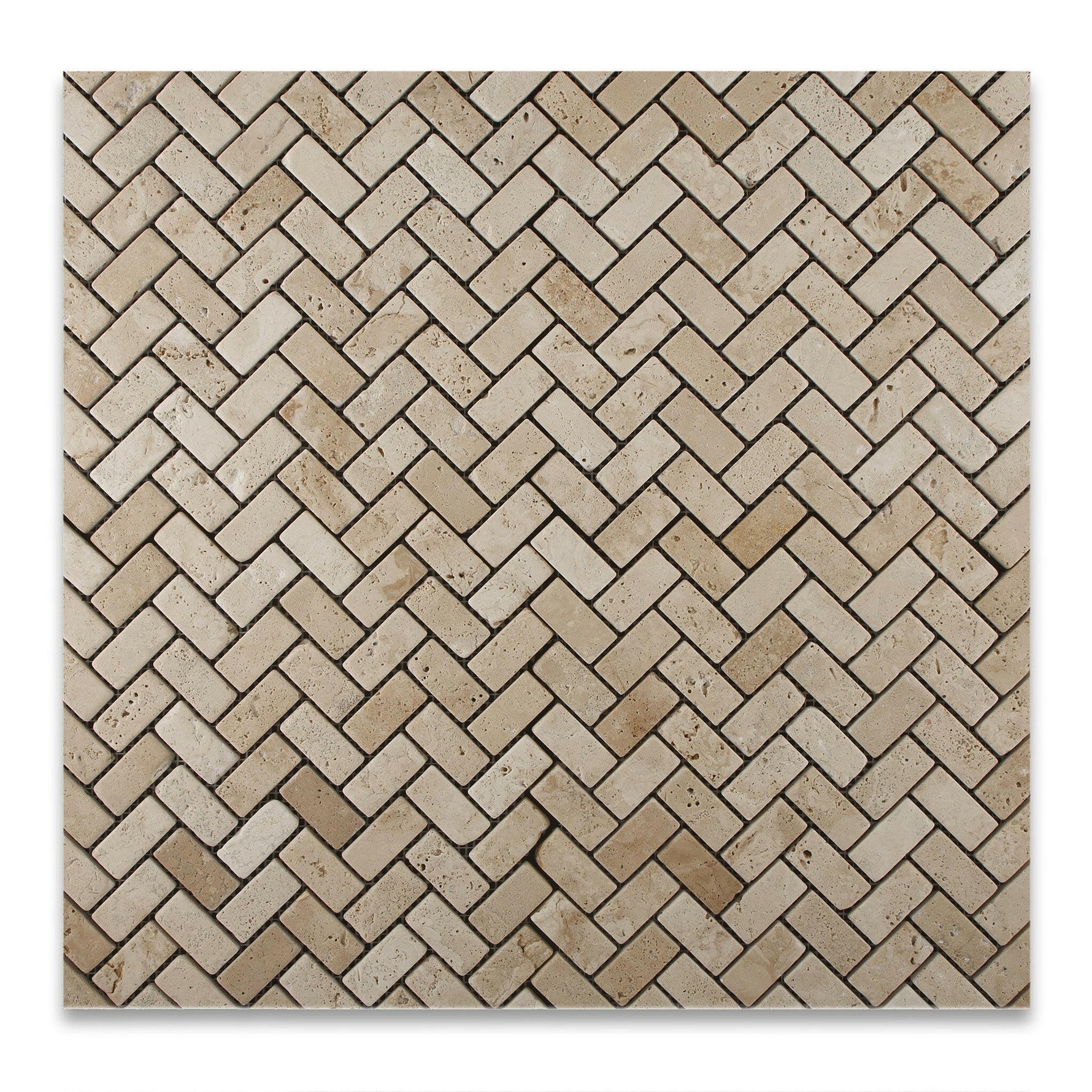 Ivory Travertine Tumbled 1 X 2 Herringbone Mosaic Tile-Travertine Mosaic-American Tile Depot