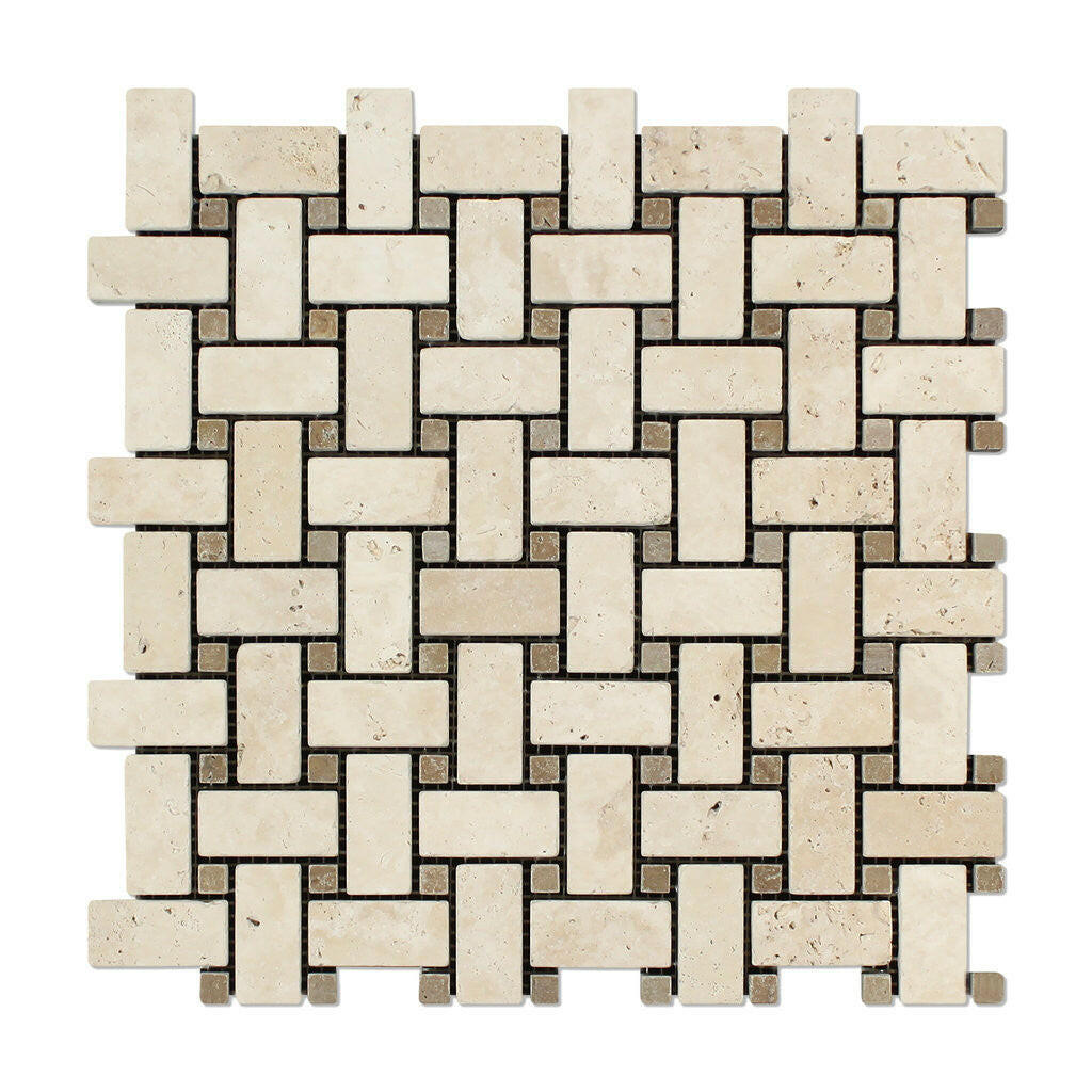 Ivory Travertine Tumbled Basketweave Mosaic Tile w/ Noce Dots-Travertine Mosaic-American Tile Depot