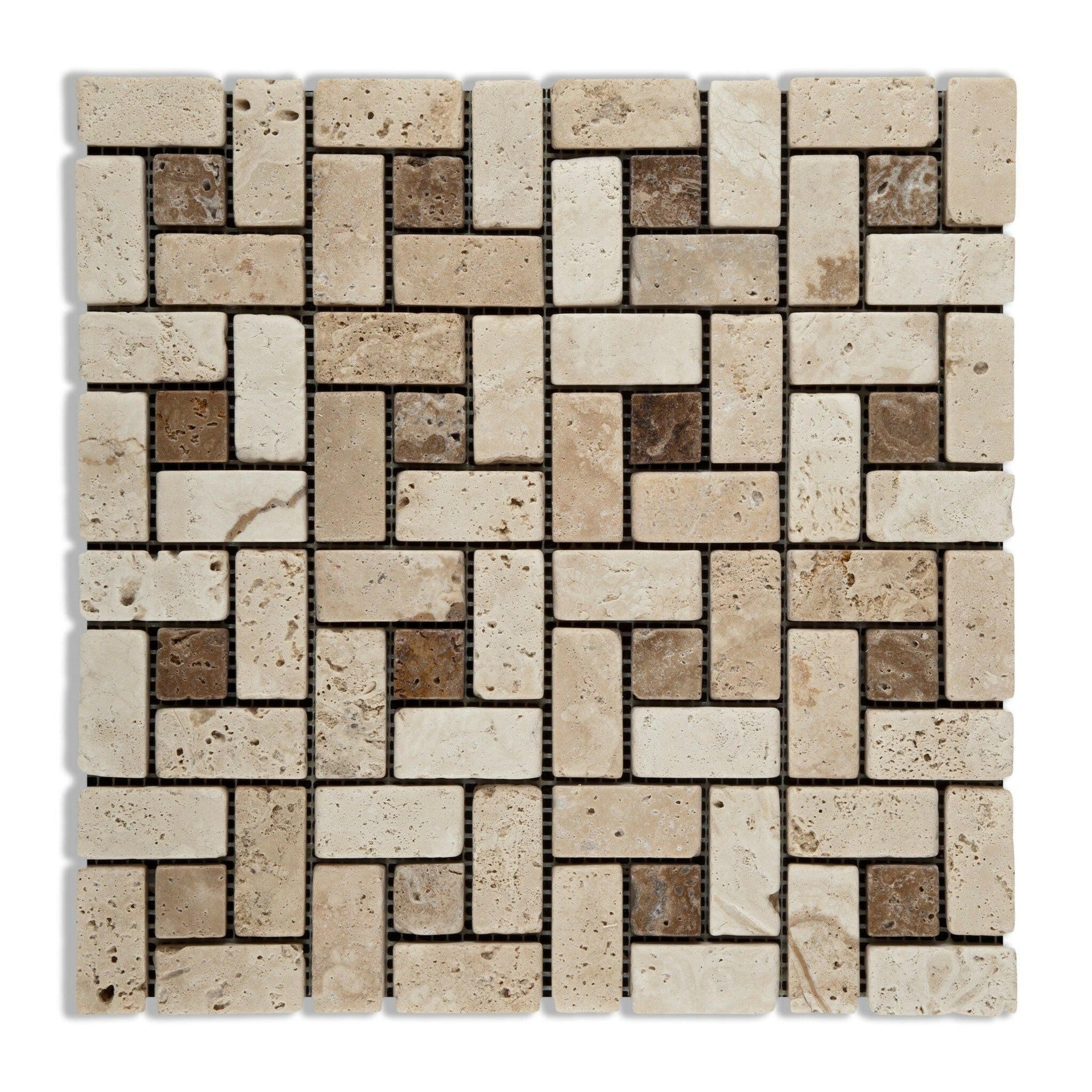 Ivory Travertine Tumbled (Large) Pinwheel Mosaic Tile w/ Noce Dots-Travertine Mosaic-American Tile Depot