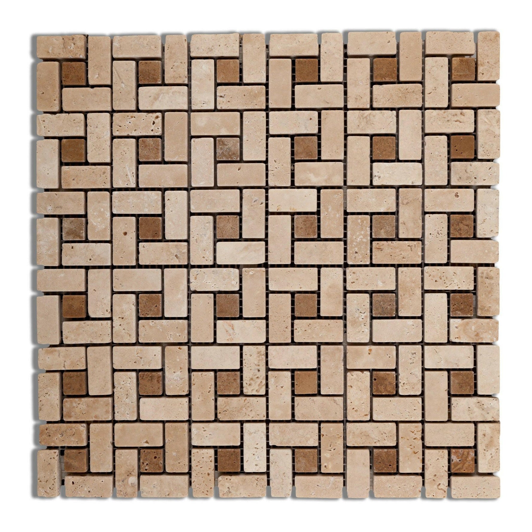 Ivory Travertine Tumbled Mini Pinwheel Mosaic Tile w/ Noce Dots-Travertine Mosaic-American Tile Depot