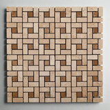 Ivory Travertine Tumbled Mini Pinwheel Mosaic Tile w/ Noce Dots