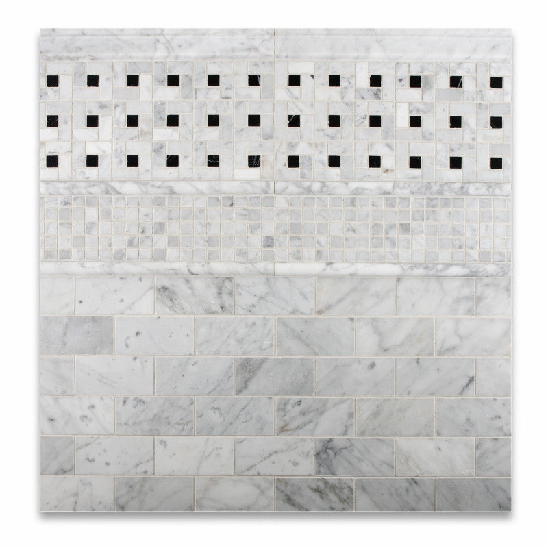 Carrara White Marble Honed Pinwheel Mosaic Tile w/ Black Dots