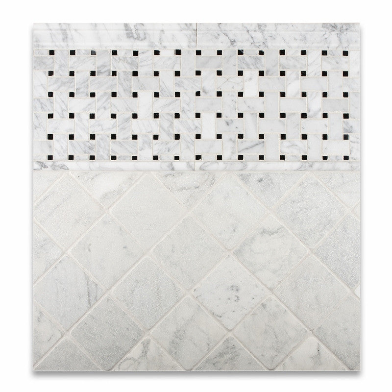 Carrara White Marble Honed Basketweave Mosaic Tile w/ Black Dots