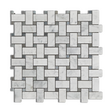 Carrara White Marble Honed Basketweave Mosaic Tile w/ Blue-Gray Dots