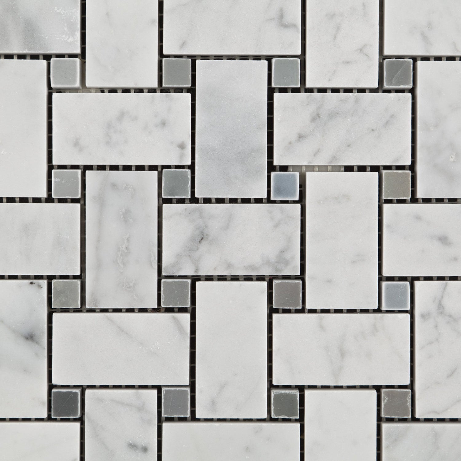 Carrara White Marble Honed Basketweave Mosaic Tile w/ Blue-Gray Dots