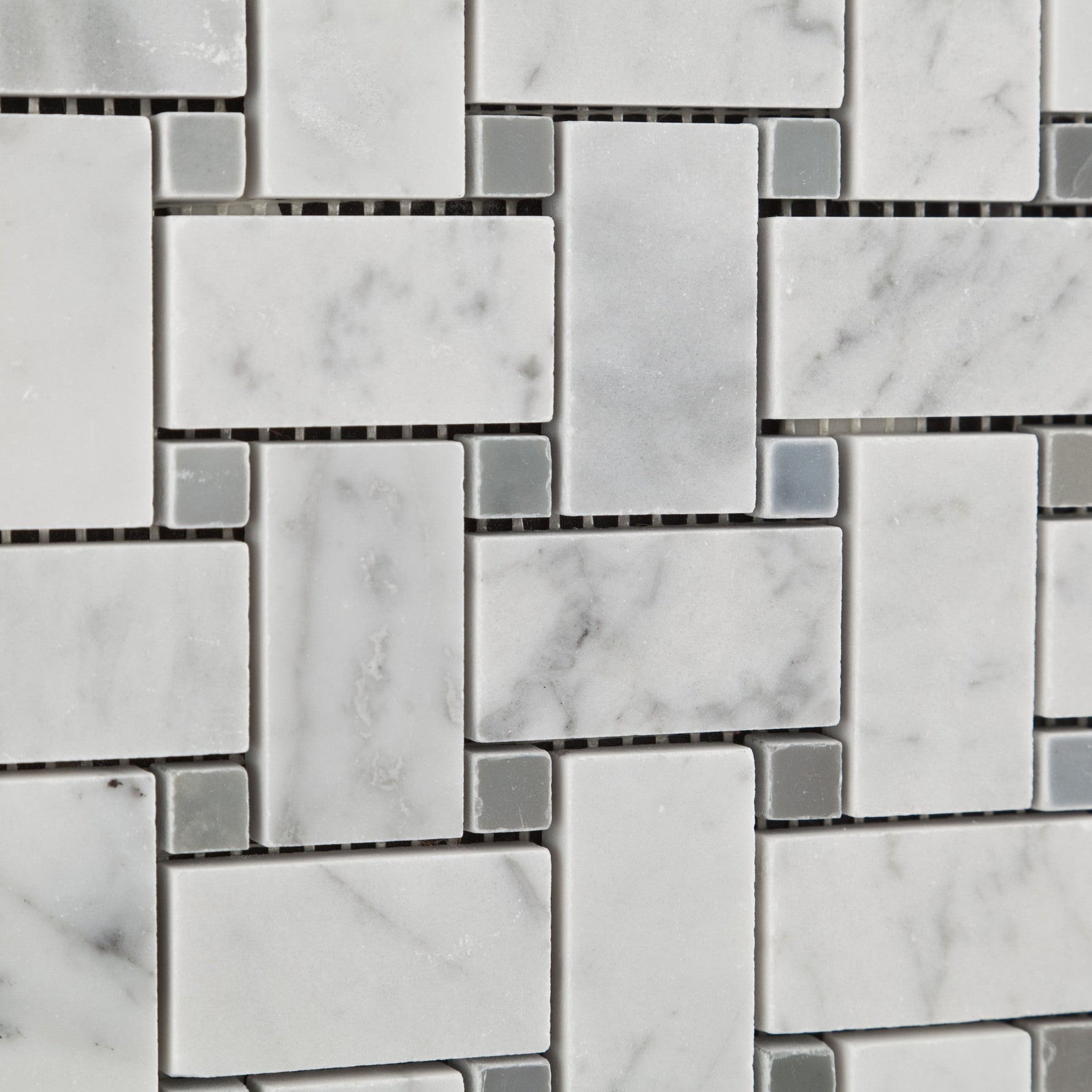 Carrara White Marble Honed Basketweave Mosaic Tile w/ Blue-Gray Dots