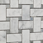 Carrara White Marble Polished Basketweave Mosaic Tile w/ Blue-Gray Dots