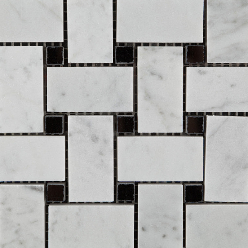 Carrara White Marble Honed Basketweave Mosaic Tile w/ Black Dots