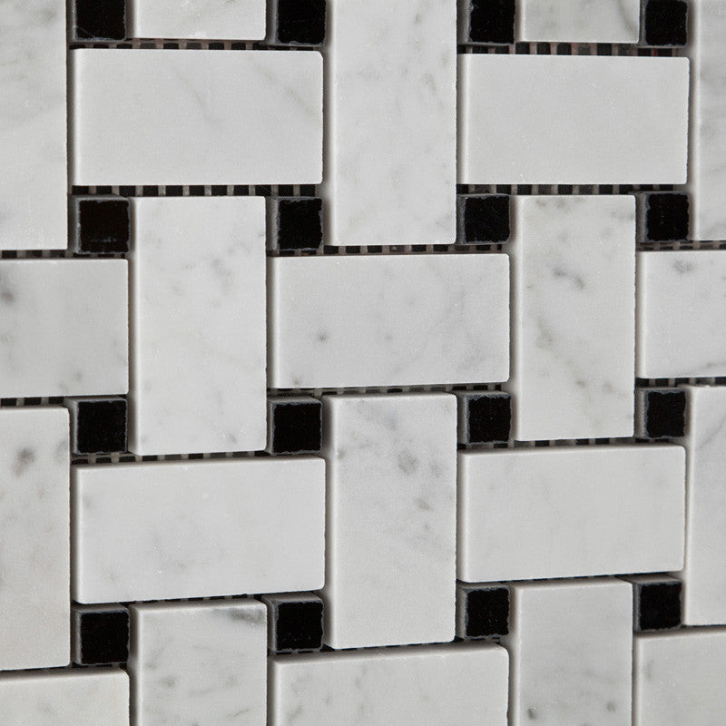 Carrara White Marble Polished Basketweave Mosaic Tile w/ Black Dots