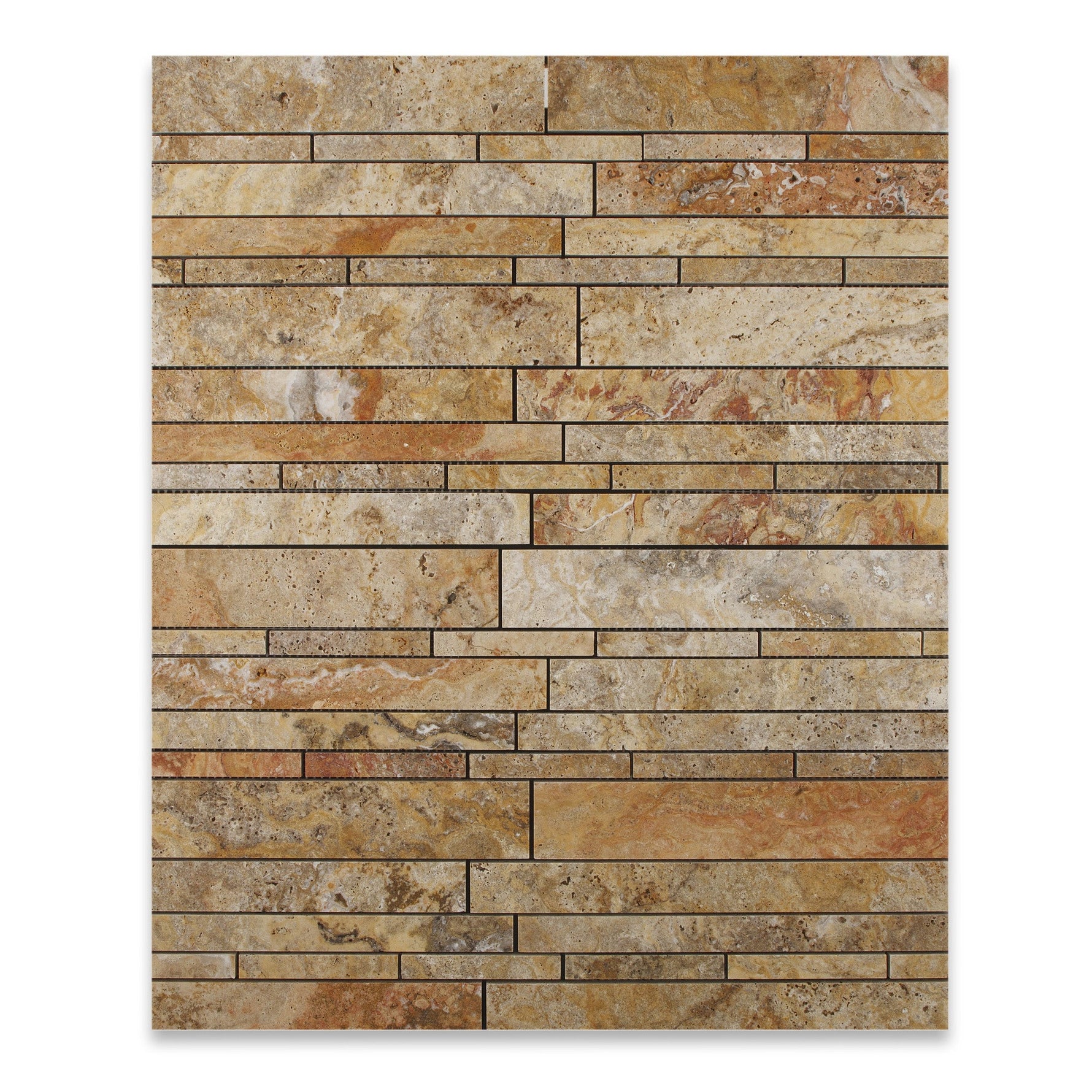 Scabos Travertine Honed Random Strip Mosaic Tile