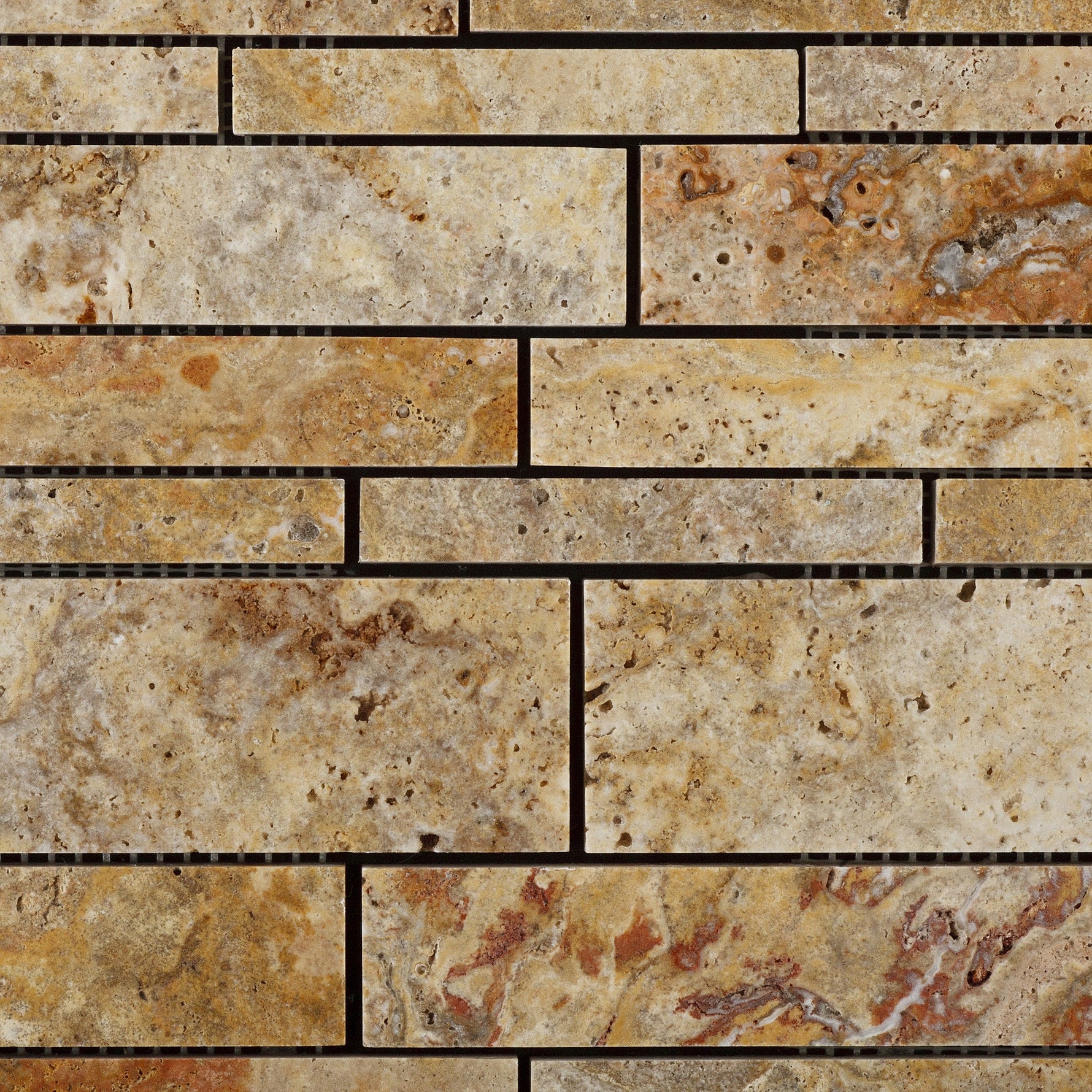 Scabos Travertine Honed Random Strip Mosaic Tile