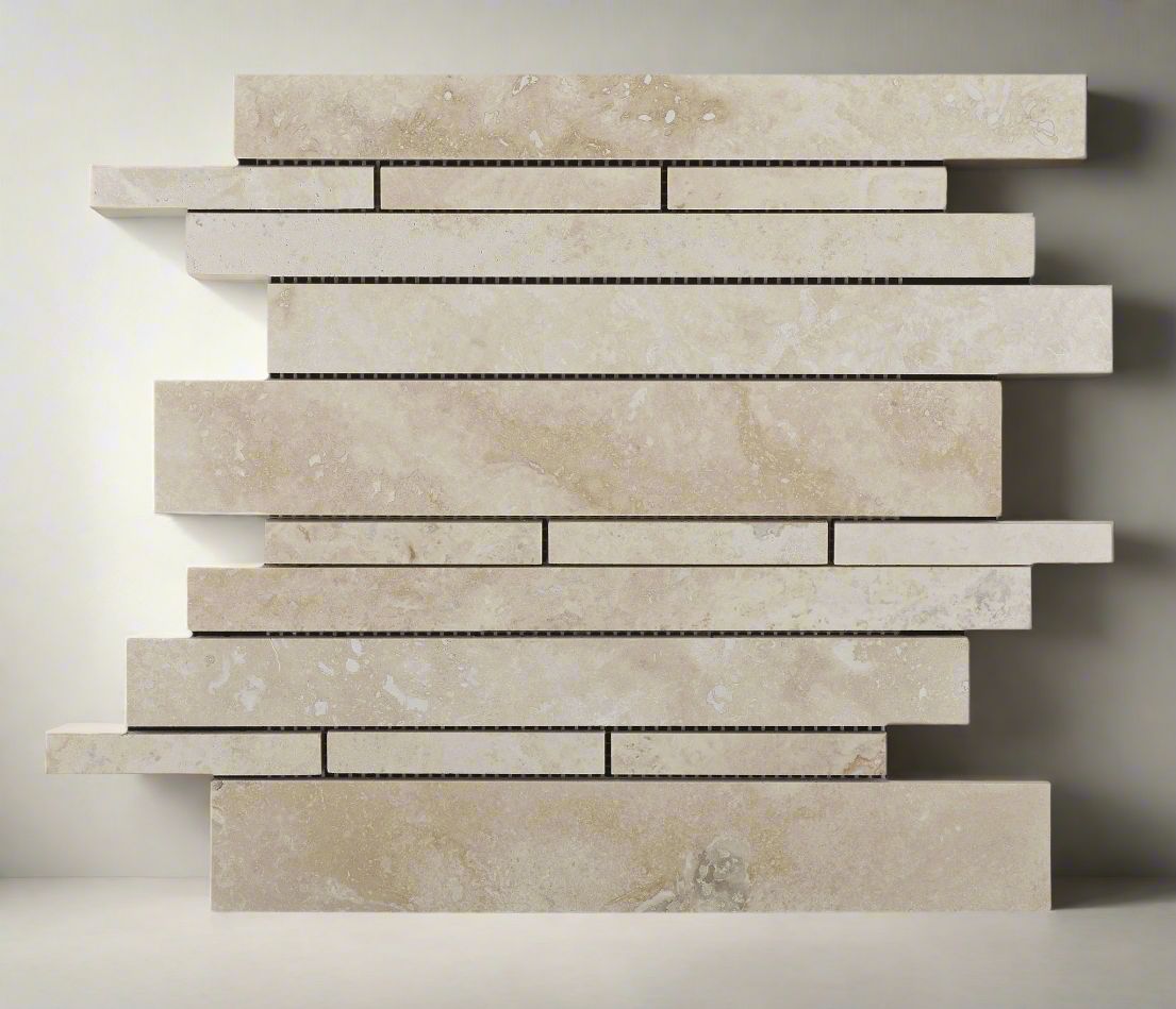 Ivory Travertine Honed Random Strip Mosaic Tile-Travertine Mosaic-American Tile Depot