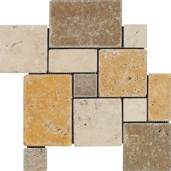 Mixed Travertine 4-Pieced OPUS Mini-Pattern Tumbled Mosaic Tile-Travertine Mosaic-American Tile Depot