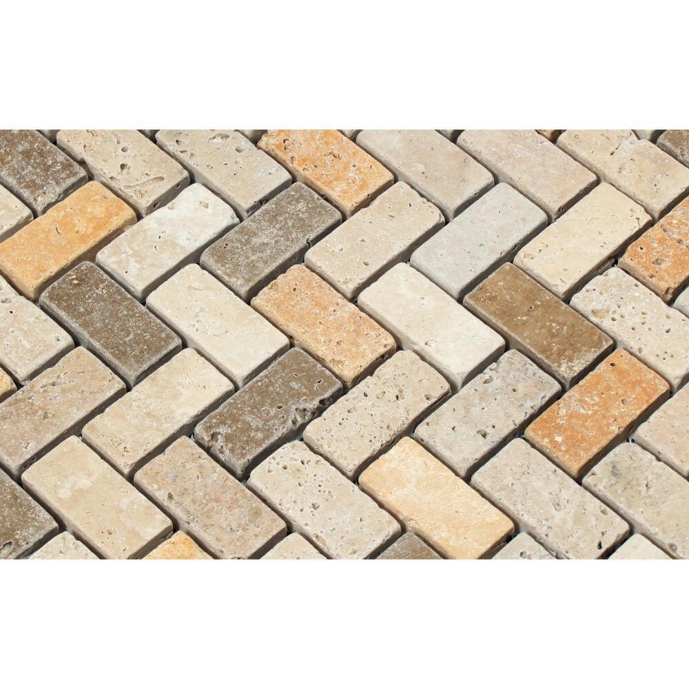 Mixed Travertine Tumbled 1 X 2 Herringbone Mosaic Tile-Travertine Mosaic-American Tile Depot