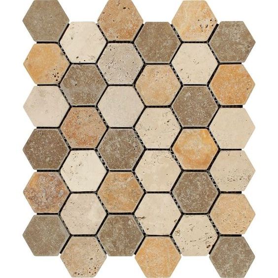 Mixed Travertine Tumbled 2'' Hexagon Mosaic Tile-Travertine Mosaic-American Tile Depot