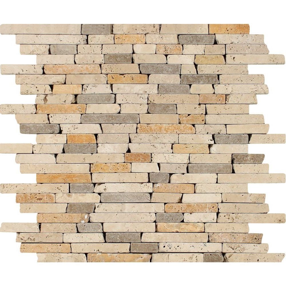 Mixed Travertine Tumbled Random Strip Mosaic Tile-Travertine Mosaic-American Tile Depot