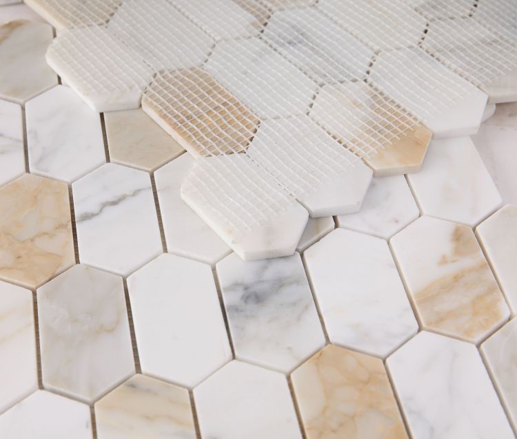 Zeta Calacatta Gold Polished Elongated Hexagon Marble Mosaic Tile-Marble Mosaic-American Tile Depot