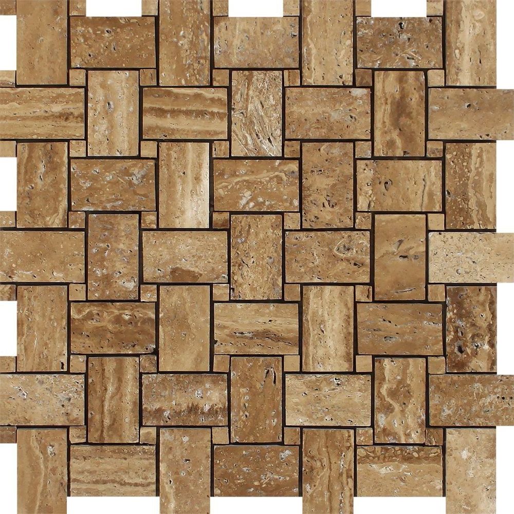 Noce Exotic Travertine (Vein-Cut) Brushed & Unfilled Basketweave Mosaic Tile-Travertine Mosaic-American Tile Depot