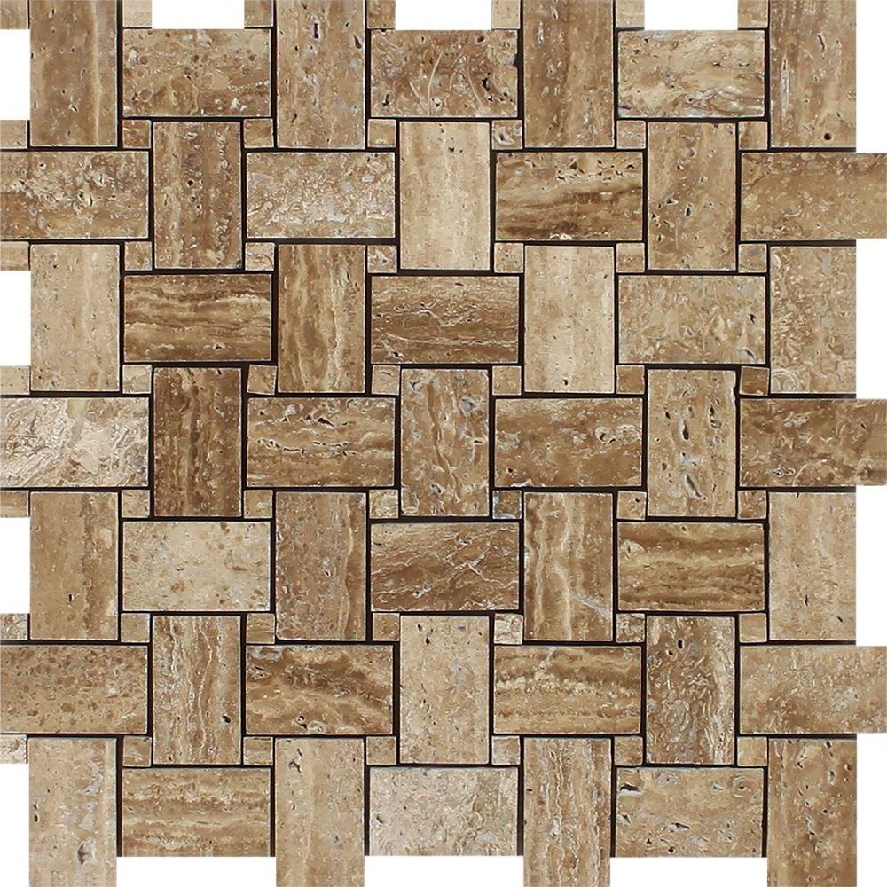 Noce Exotic Travertine (Vein-Cut) Polished & Unfilled Basketweave Mosaic Tile-Travertine Mosaic-American Tile Depot