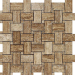 Noce Exotic Travertine (Vein-Cut) Polished & Unfilled Basketweave Mosaic Tile-Travertine Mosaic-American Tile Depot