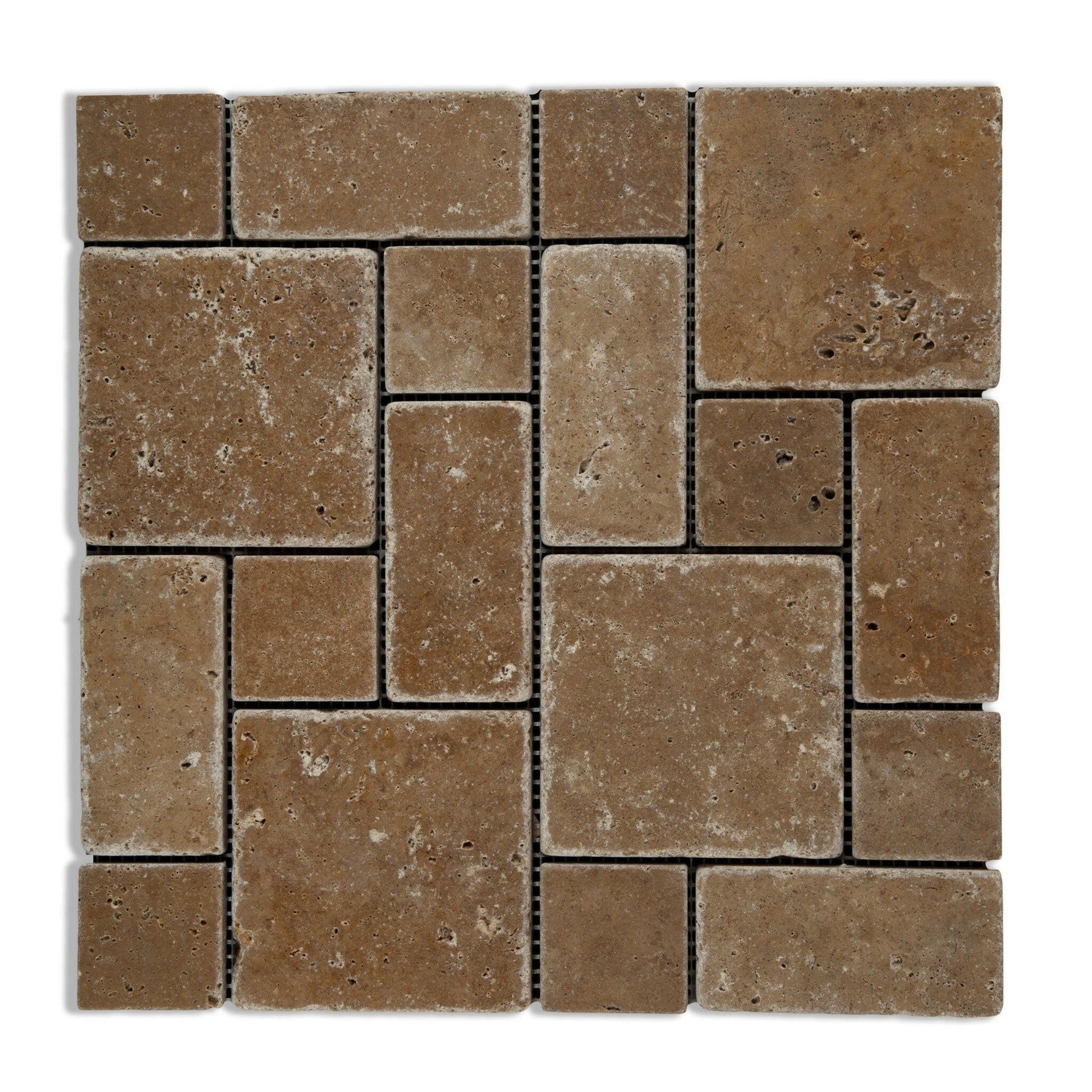 Noce Travertine 3-Pieced Mini-Pattern Tumbled Mosaic Tile-Travertine Mosaic-American Tile Depot